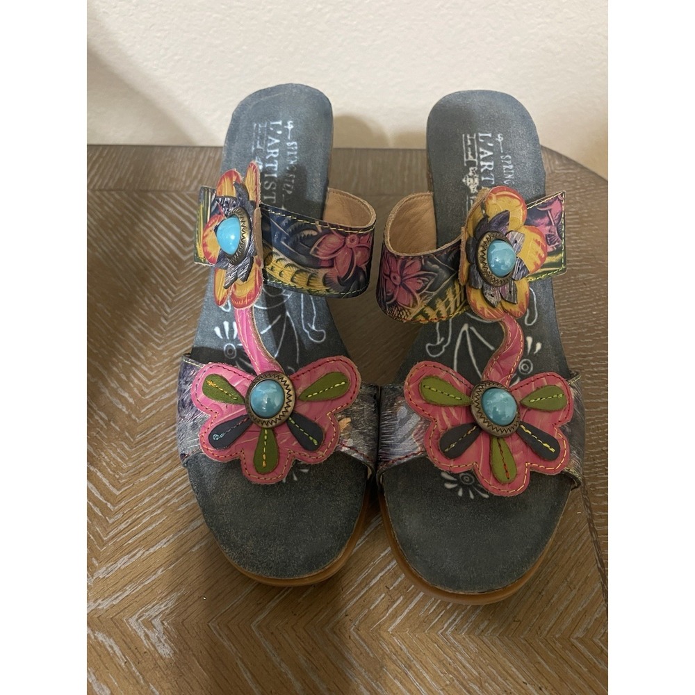 L'Artiste Spring Step Haverb Sandals 40 US 9 Boho Floral Leather Block Heel